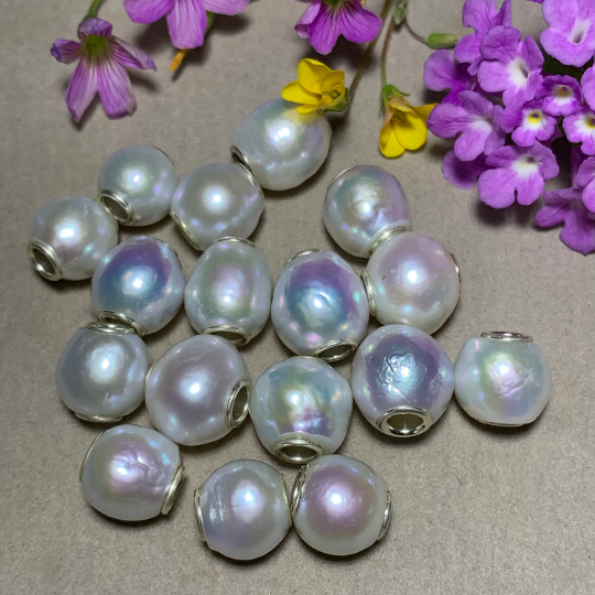 Unique Irregular Shape Large Size White Freshwater Pearl Beads Silver Core for European Charm Trollbeads Bracelets or Some Pandora Bangles