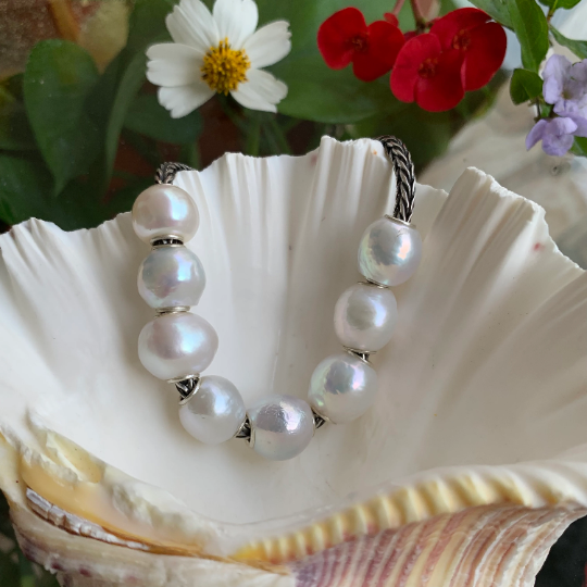 Unique Irregular Shape Large Size White Freshwater Pearl Beads Silver Core for European Charm Trollbeads Bracelets or Some Pandora Bangles