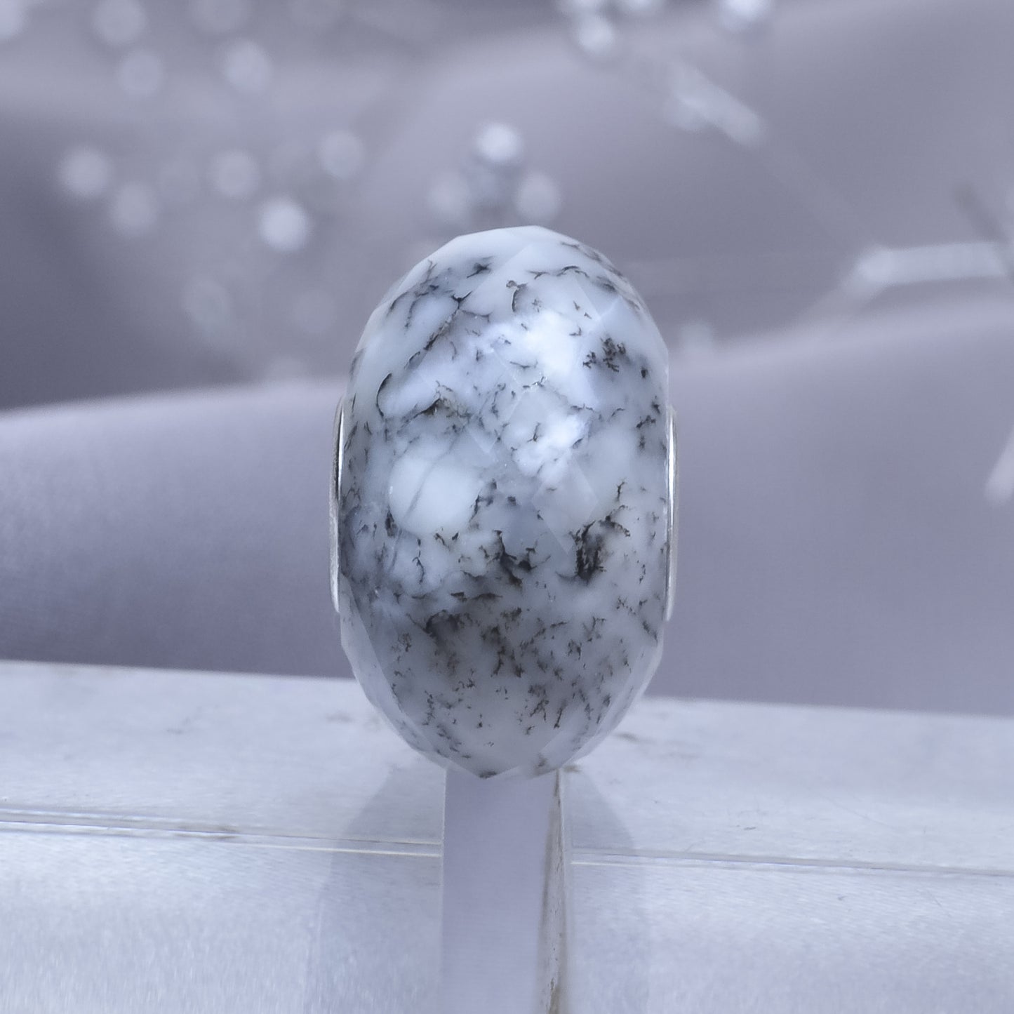 Faceted Dendritic Agate Carnelian Gemstone Bead with Sterling Silver Core for European Charm Bracelets