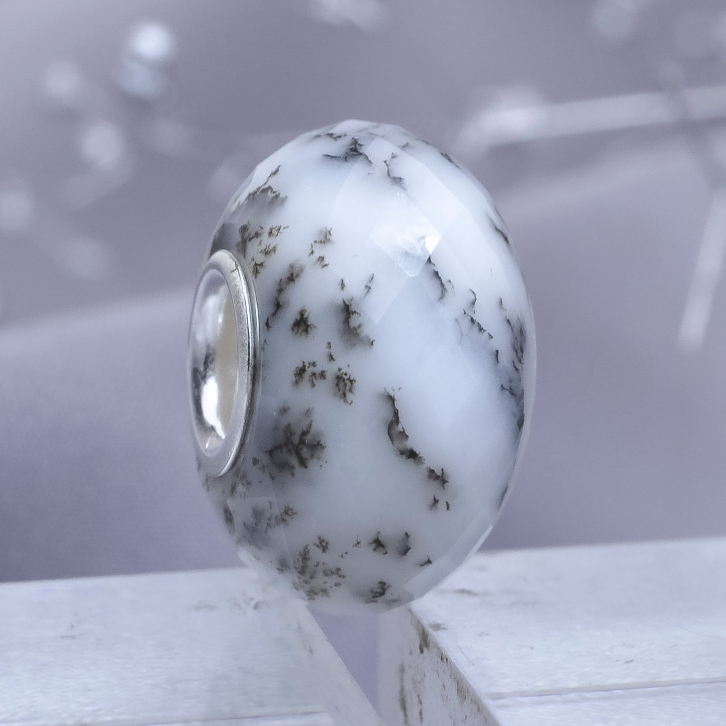Faceted Dendritic Agate Carnelian Gemstone Bead with Sterling Silver Core for European Charm Bracelets