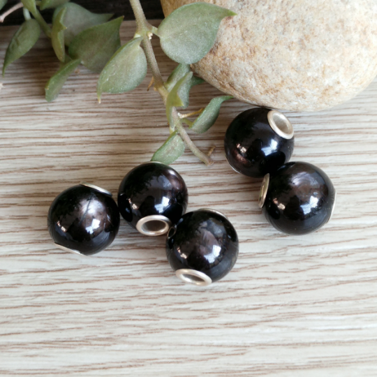 Mini Round Hypersthene beads with Small Silver Core for European Charm Trollbeads Bracelet or Pandora Bangle