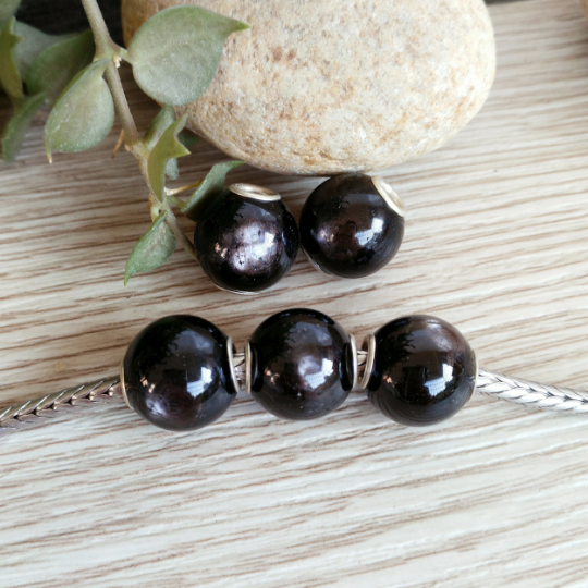 Mini Round Hypersthene beads with Small Silver Core for European Charm Trollbeads Bracelet or Pandora Bangle