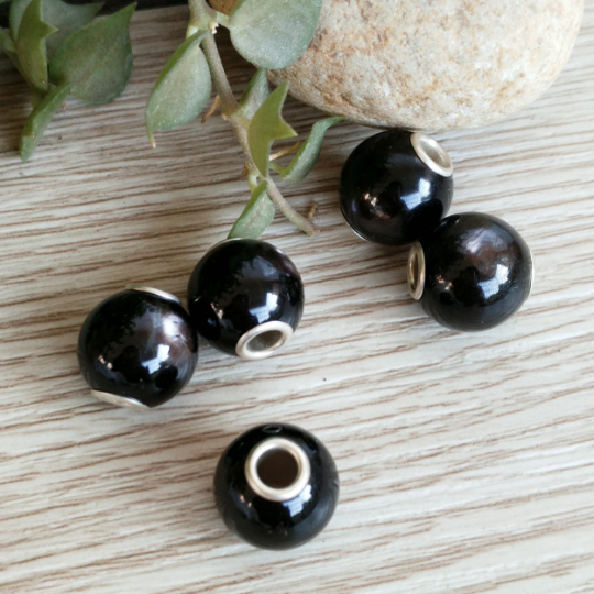 Mini Round Hypersthene beads with Small Silver Core for European Charm Trollbeads Bracelet or Pandora Bangle