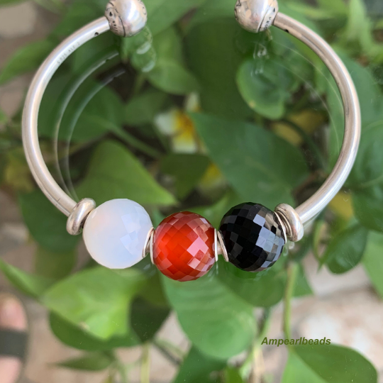 Faceted Ampearlbeads Mini Round Onyx Beads with Silver Core Red White Black Onyx for European Pandora and Trollbeads Bracelets or Bangles