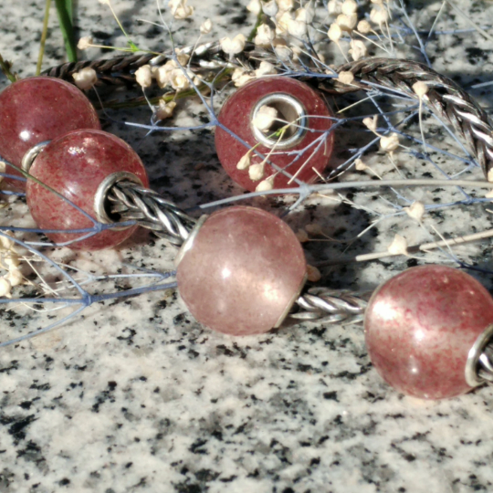 Mini Round Strawberry Quartz beads Gemstone Bead with Sterling Sliver Core for Trollbeads Bracelets or Pandora Bangles