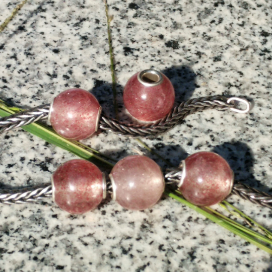 Mini Round Strawberry Quartz beads Gemstone Bead with Sterling Sliver Core for Trollbeads Bracelets or Pandora Bangles