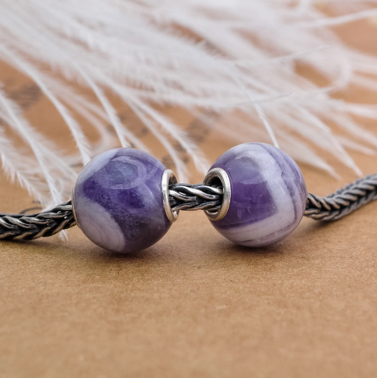 Mini Round Stripe Amethyst Beads with Small Silver Core for European Charm Trollbeads Bracelets or Pandora Bangles