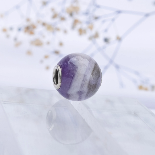 Mini Round Stripe Amethyst Beads with Small Silver Core for European Charm Trollbeads Bracelets or Pandora Bangles