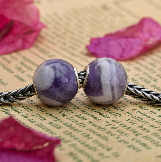 Mini Round Stripe Amethyst Beads with Small Silver Core for European Charm Trollbeads Bracelets or Pandora Bangles