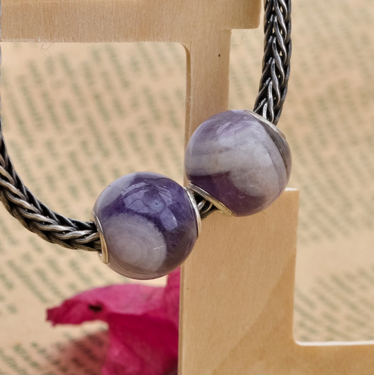 Mini Round Stripe Amethyst Beads with Small Silver Core for European Charm Trollbeads Bracelets or Pandora Bangles