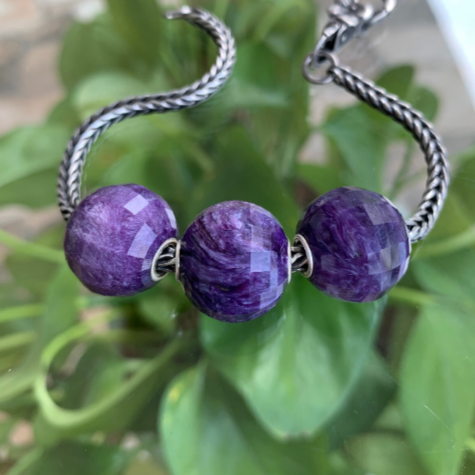 Purple Charoite Faceted Big Round Beads Gemstone with Sterling Silver Core for European Charm Bracelets and Bangles