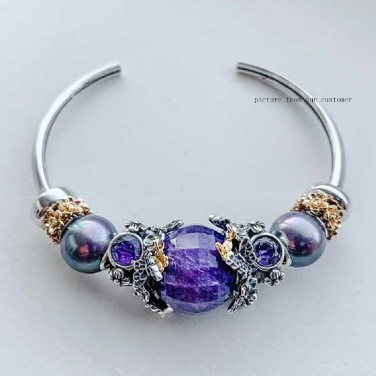 Purple Charoite Faceted Big Round Beads Gemstone with Sterling Silver Core for European Charm Bracelets and Bangles