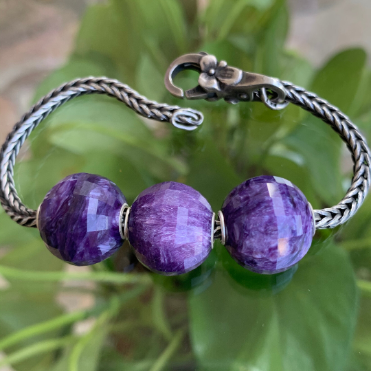 Purple Charoite Faceted Big Round Beads Gemstone with Sterling Silver Core for European Charm Bracelets and Bangles