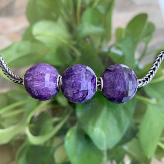 Purple Charoite Faceted Big Round Beads Gemstone with Sterling Silver Core for European Charm Bracelets and Bangles