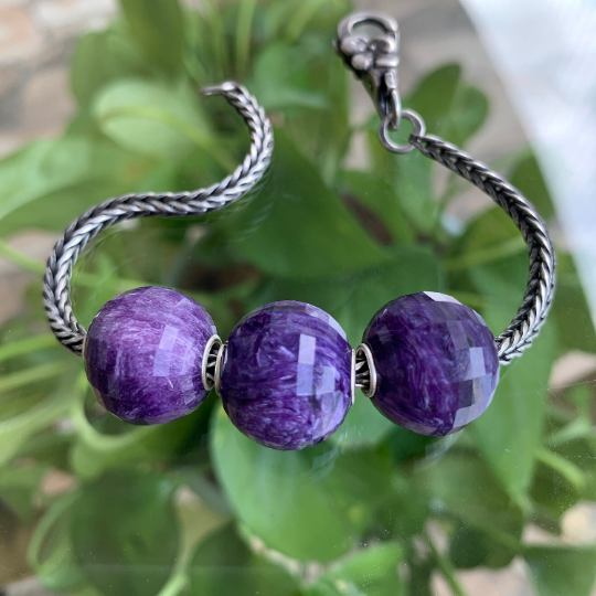 Purple Charoite Faceted Big Round Beads Gemstone with Sterling Silver Core for European Charm Bracelets and Bangles