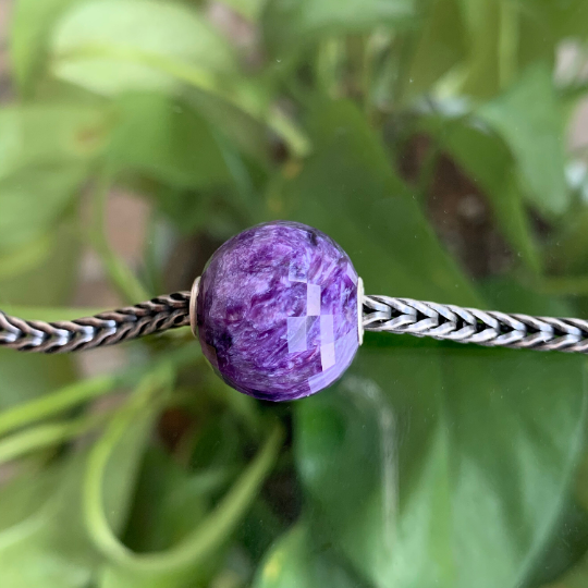 Purple Charoite Faceted Big Round Beads Gemstone with Sterling Silver Core for European Charm Bracelets and Bangles