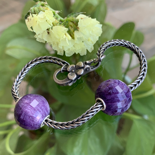 Purple Charoite Faceted Big Round Beads Gemstone with Sterling Silver Core for European Charm Bracelets and Bangles