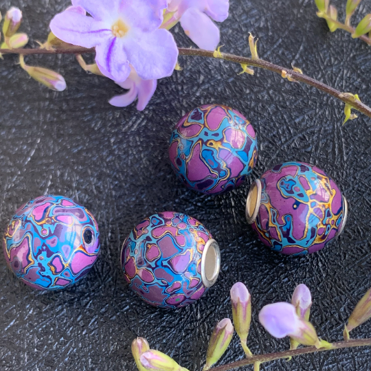 Beautiful Blue Purple Natural Resin Painted Handmade Wooden Beads Wood Beads with Silver Core for Trollbeads Bracelets or Some Pandora Bangles