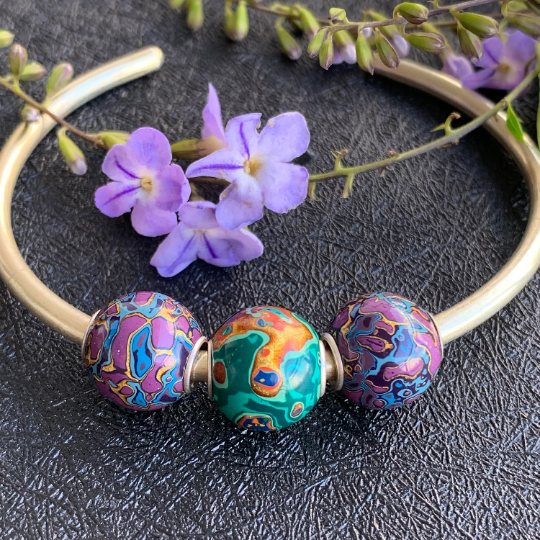 Beautiful Blue Purple Natural Resin Painted Handmade Wooden Beads Wood Beads with Silver Core for Trollbeads Bracelets or Some Pandora Bangles