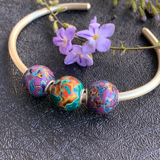 Beautiful Blue Purple Natural Resin Painted Handmade Wooden Beads Wood Beads with Silver Core for Trollbeads Bracelets or Some Pandora Bangles