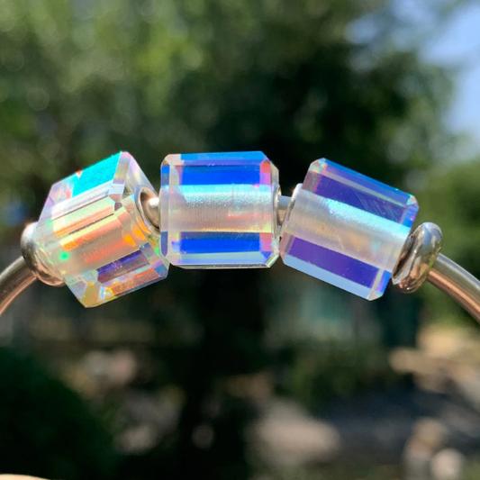 Ampearlbeads Rainbow Crystal Cube Bead Colorful Glass Square Beads with Sterling Silver Core for European Bracelets or Bangles