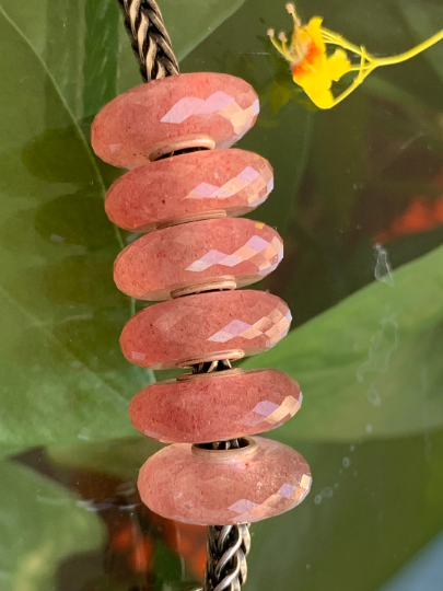 Lovely Flat Faceted Red Strawberry Quartz Spacer Beads with Silver Core for European Bracelets or Bangles
