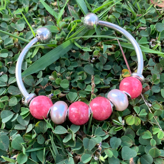Mini Round 11mm Rhodonite Roselia Beads with Small Silver Core for European Charm Trollbeads Bracelet or Pandora Bangle