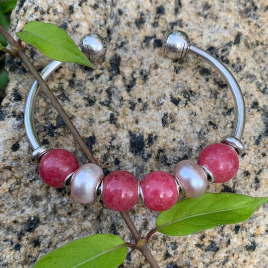 Mini Round 11mm Rhodonite Roselia Beads with Small Silver Core for European Charm Trollbeads Bracelet or Pandora Bangle
