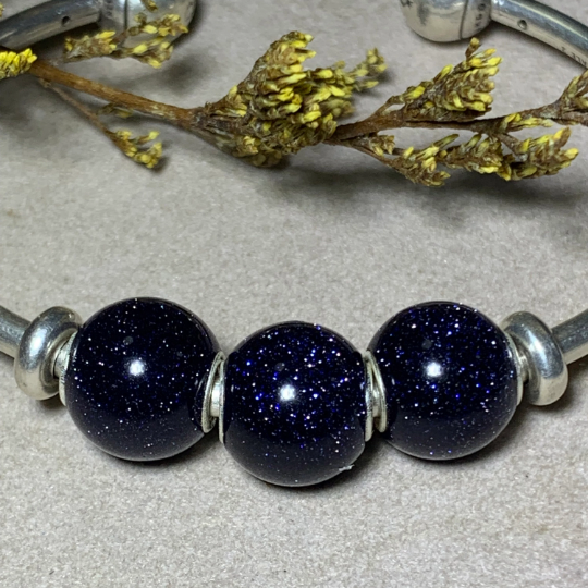 Ampearlbeads Shiny Fantasy Blue Sand Stone Round Bead Deep Blue with Sterling Silver Core for European Charms Bracelets