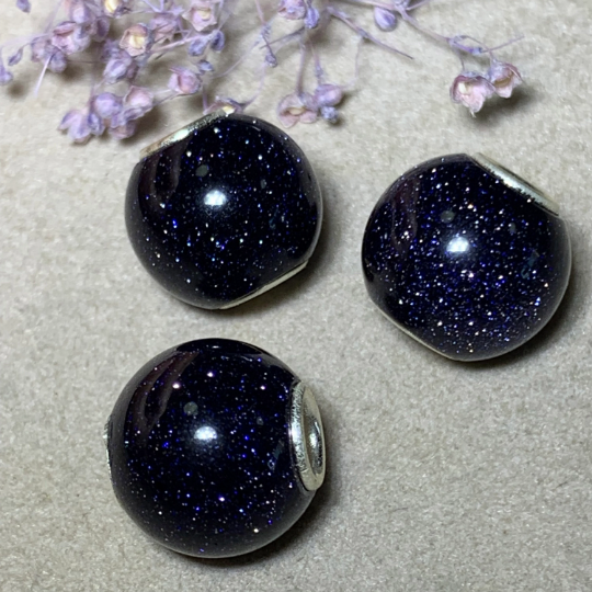 Ampearlbeads Shiny Fantasy Blue Sand Stone Round Bead Deep Blue with Sterling Silver Core for European Charms Bracelets