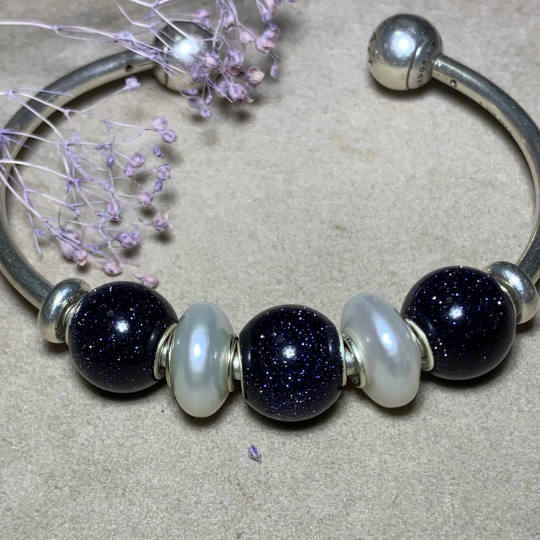 Ampearlbeads Shiny Fantasy Blue Sand Stone Round Bead Deep Blue with Sterling Silver Core for European Charms Bracelets