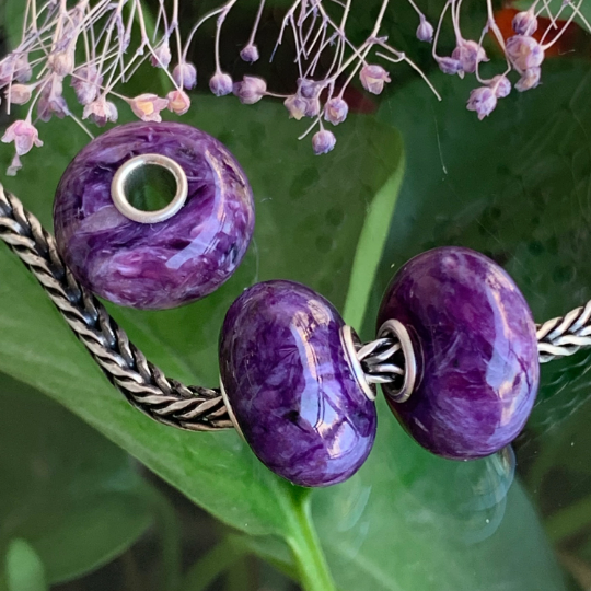 Smooth Flat Purple Charoite Bead Gemstone Artisan Beads with Sterling Silver Core for European Trollbeads Bracelets or Some Pandora Bangles