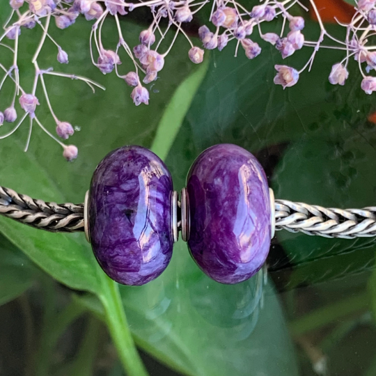 Smooth Flat Purple Charoite Bead Gemstone Artisan Beads with Sterling Silver Core for European Trollbeads Bracelets or Some Pandora Bangles