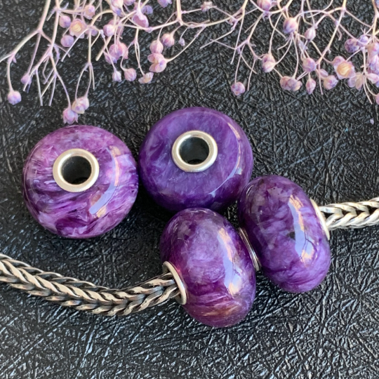 Smooth Flat Purple Charoite Bead Gemstone Artisan Beads with Sterling Silver Core for European Trollbeads Bracelets or Some Pandora Bangles