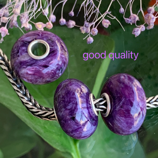 Smooth Flat Purple Charoite Bead Gemstone Artisan Beads with Sterling Silver Core for European Trollbeads Bracelets or Some Pandora Bangles