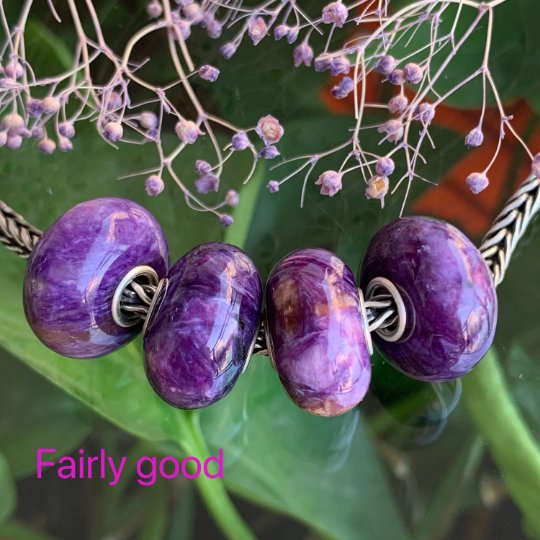 Smooth Flat Purple Charoite Bead Gemstone Artisan Beads with Sterling Silver Core for European Trollbeads Bracelets or Some Pandora Bangles