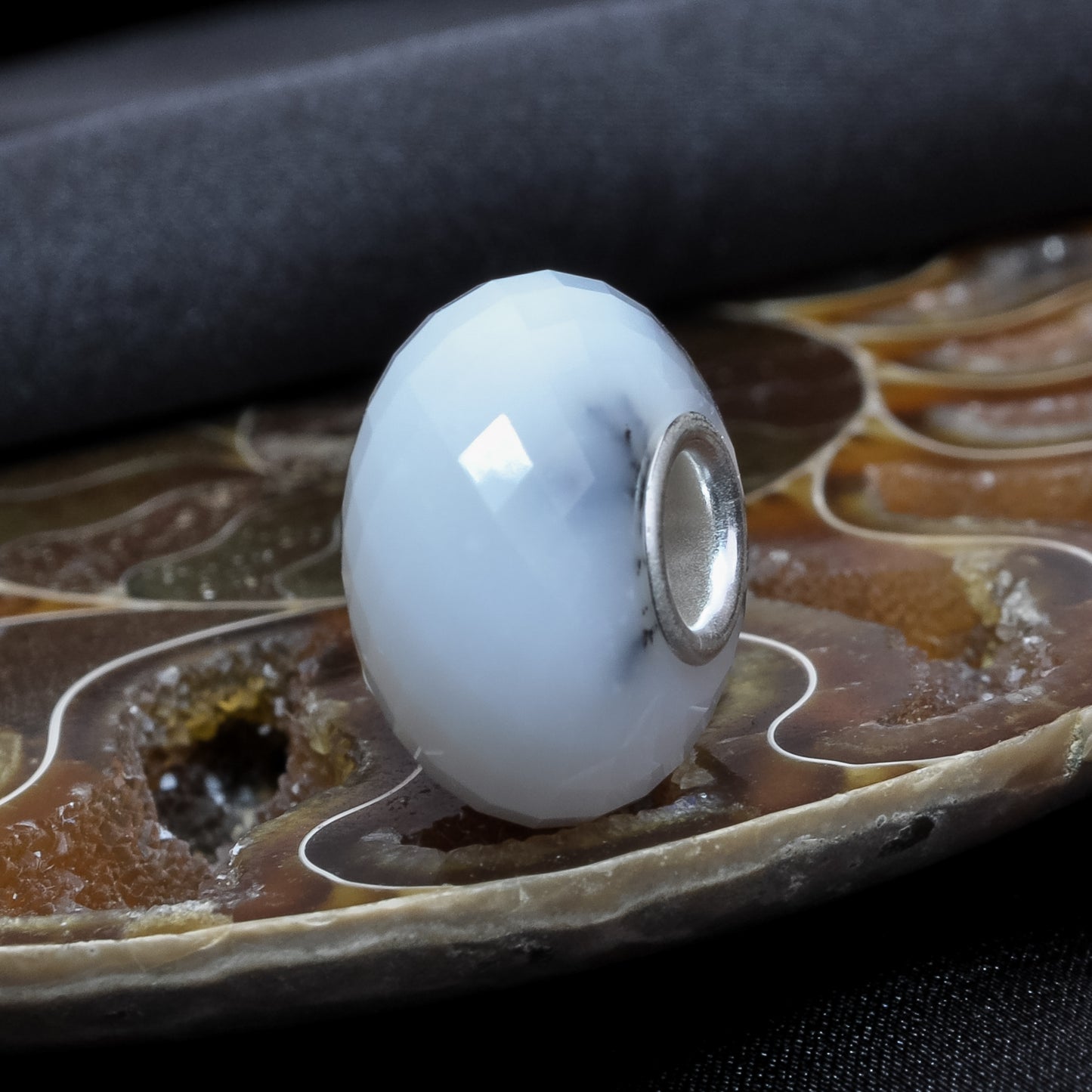 Faceted Dendritic Agate Carnelian Gemstone Bead with Sterling Silver Core for European Charm Bracelets