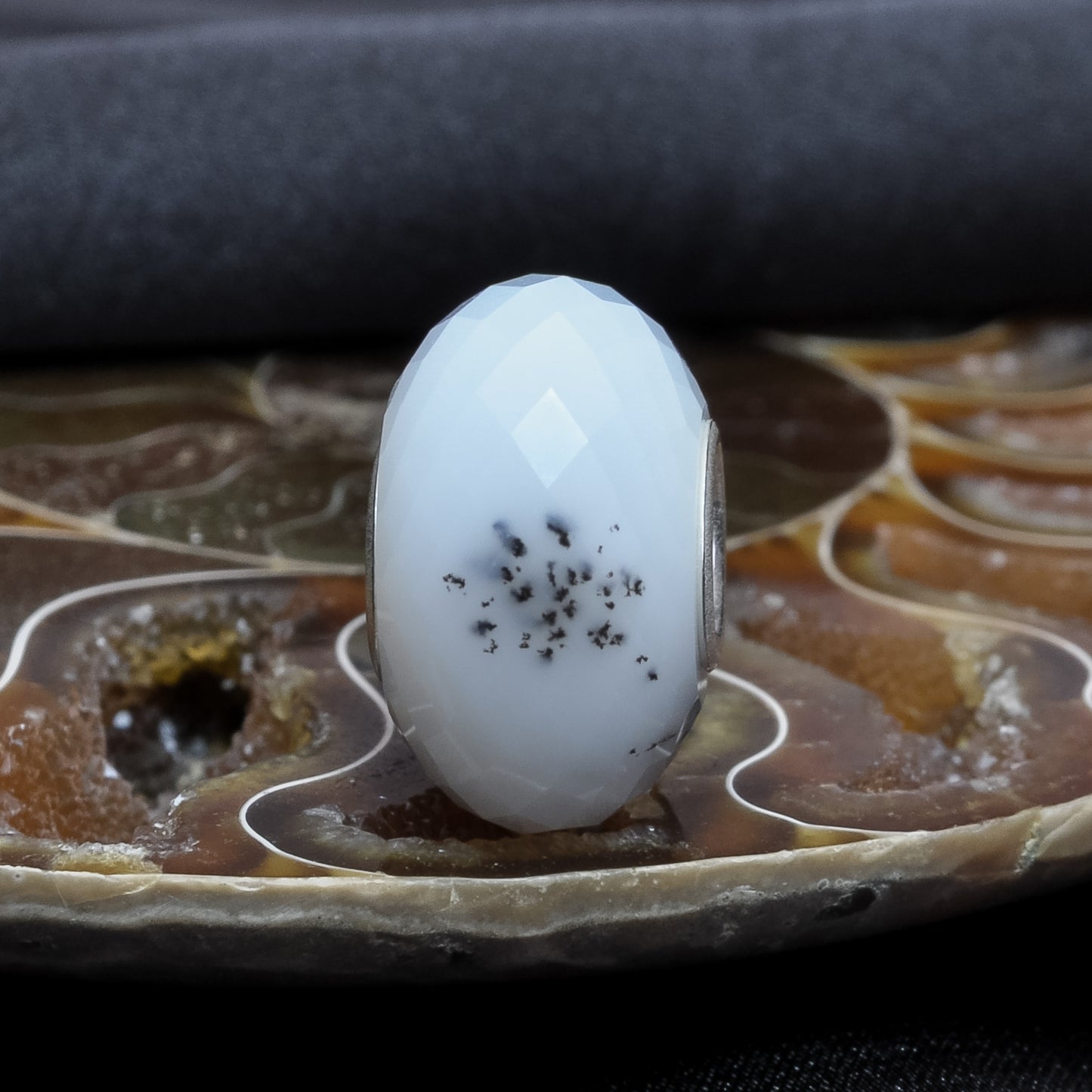 Faceted Dendritic Agate Carnelian Gemstone Bead with Sterling Silver Core for European Charm Bracelets