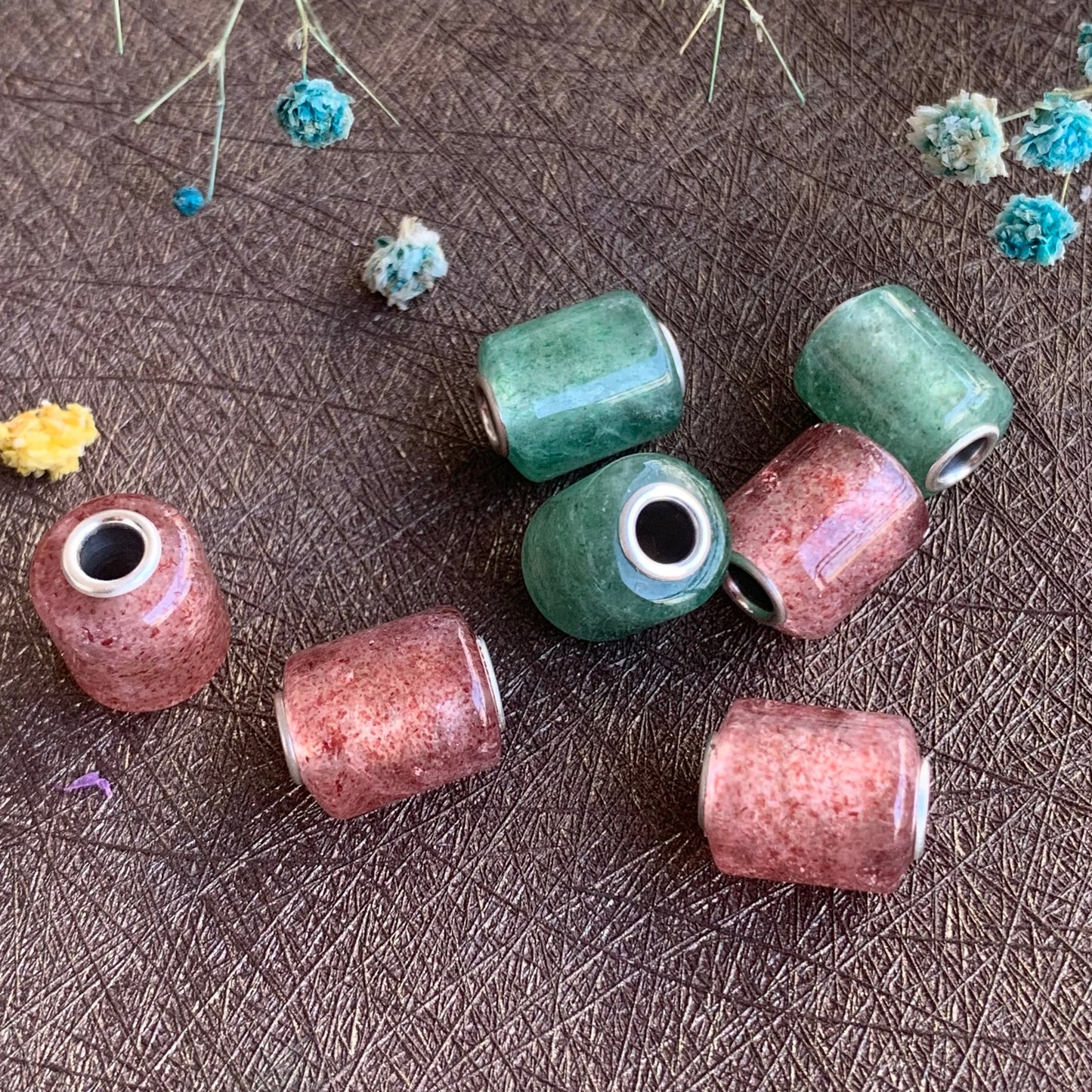 Mini Strawberry Quartz Barrel Beads Gemstone Bead with Sterling Sliver Core for Trollbeads Bracelets or Pandora Bangles
