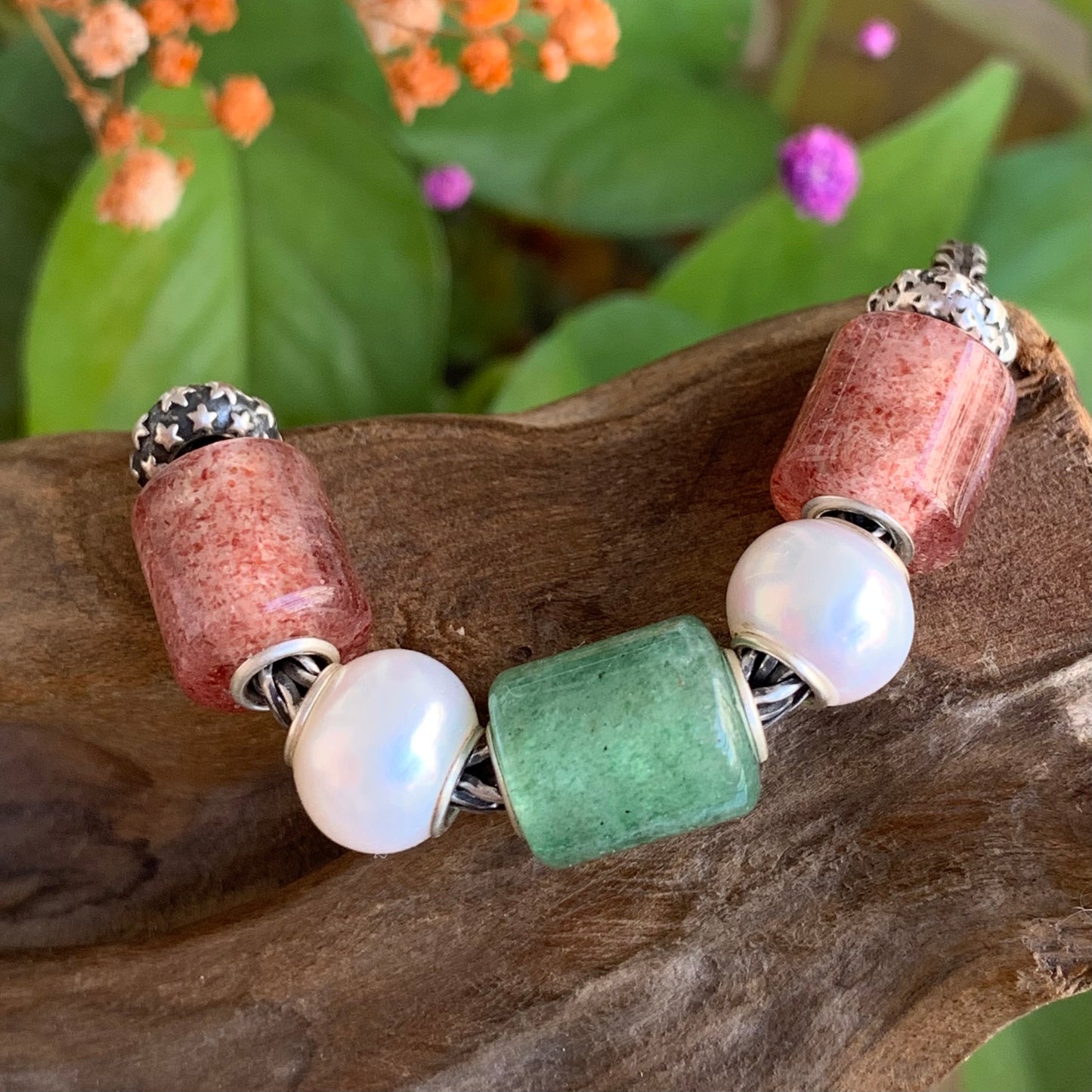 Mini Strawberry Quartz Barrel Beads Gemstone Bead with Sterling Sliver Core for Trollbeads Bracelets or Pandora Bangles
