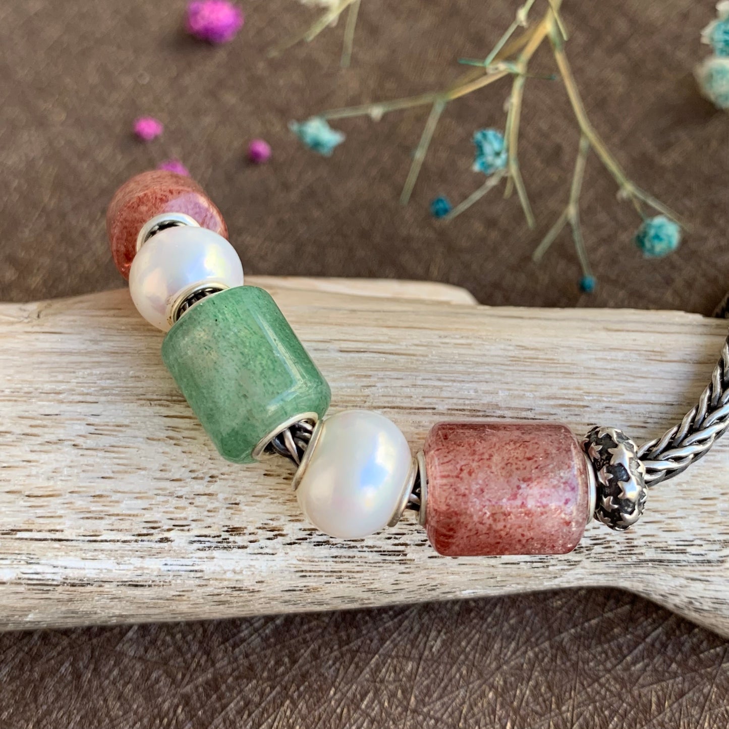 Mini Strawberry Quartz Barrel Beads Gemstone Bead with Sterling Sliver Core for Trollbeads Bracelets or Pandora Bangles