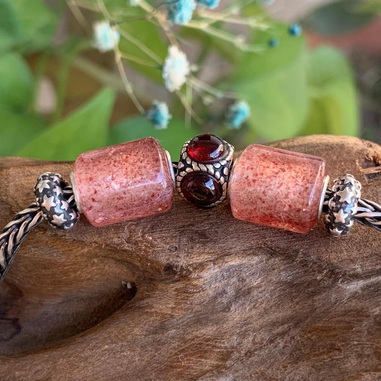 Mini Strawberry Quartz Barrel Beads Gemstone Bead with Sterling Sliver Core for Trollbeads Bracelets or Pandora Bangles