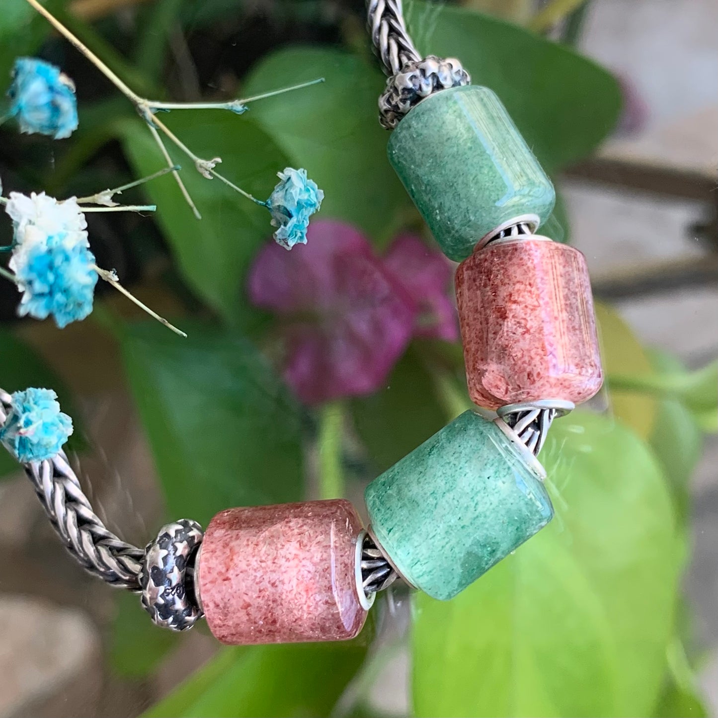 Mini Strawberry Quartz Barrel Beads Gemstone Bead with Sterling Sliver Core for Trollbeads Bracelets or Pandora Bangles