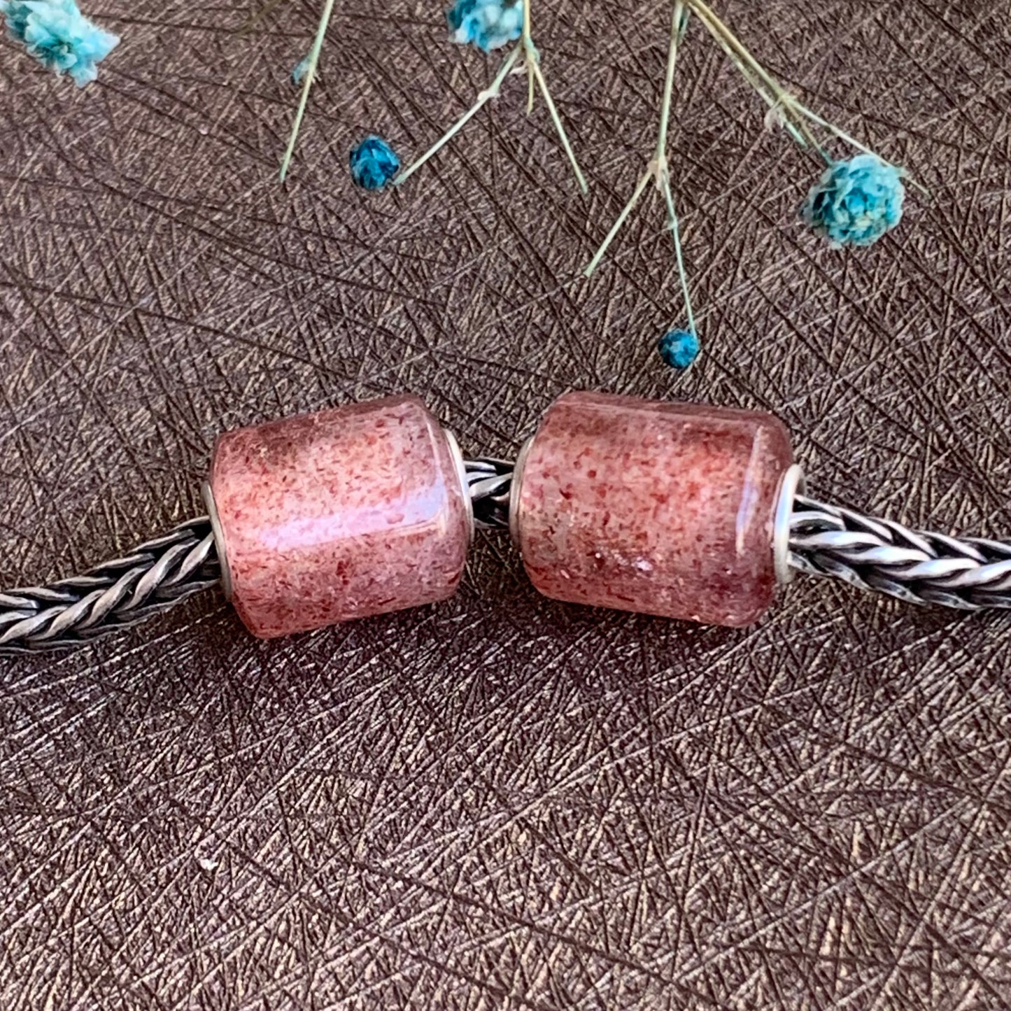 Mini Strawberry Quartz Barrel Beads Gemstone Bead with Sterling Sliver Core for Trollbeads Bracelets or Pandora Bangles