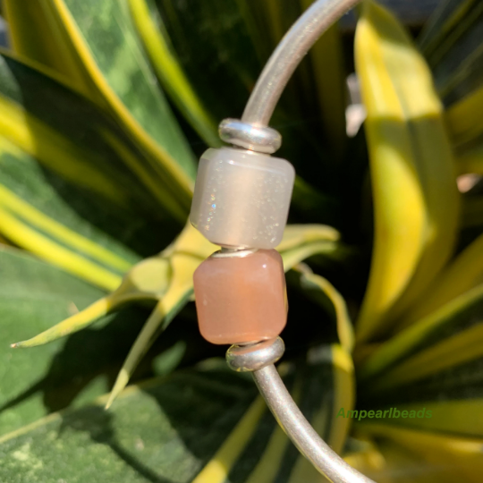Stylish Ampearlbeads Moonstone Cube Beads with Silver Core Orange Grey Moonstone for European Pandora Trollbeads Bracelets or Bangles