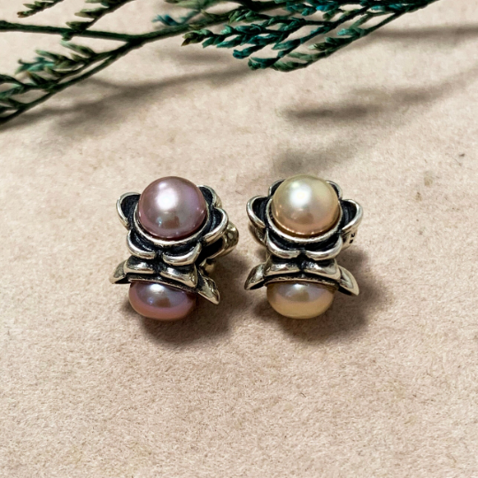Silver Flower Charm with White Orange Lilac Purple Pearl Spacer Bead for European Charm Bracelets And Bangles