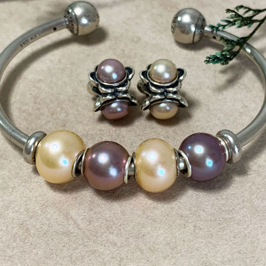 Silver Flower Charm with White Orange Lilac Purple Pearl Spacer Bead for European Charm Bracelets And Bangles
