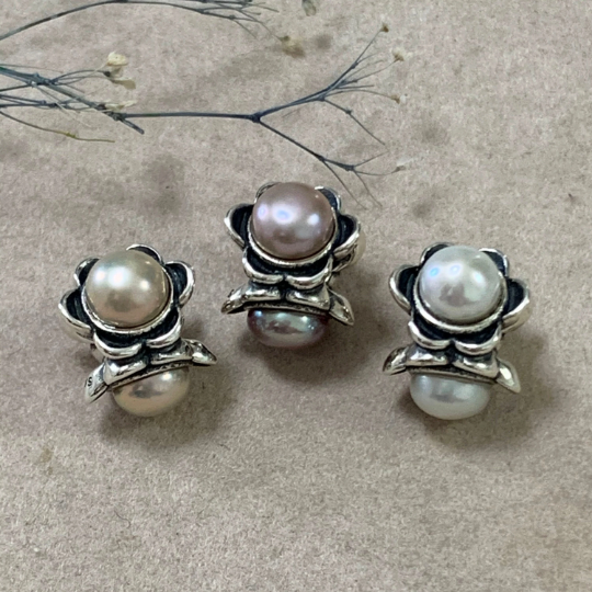 Silver Flower Charm with White Orange Lilac Purple Pearl Spacer Bead for European Charm Bracelets And Bangles