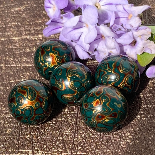 Dark Peacock Green Natural Resin Painted Handmade Wooden Beads with Silver Core for Bracelets
