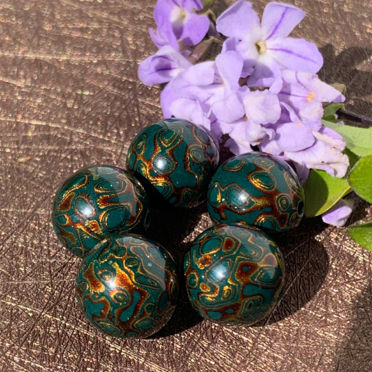 Dark Peacock Green Natural Resin Painted Handmade Wooden Beads with Silver Core for Bracelets